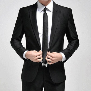 韩版一粒扣修身西服套装 商务休闲男装黑色中开收腰小西装 xf15