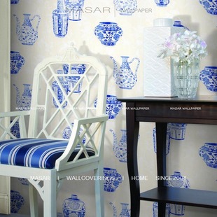 MASAR壁纸 MXU12进口墙纸 蓝色 中式风格 青花瓷图案 餐厅 客厅