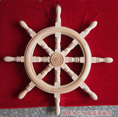 东阳木雕 地中海家居风格装饰 木雕挂件实木仿古船舵 船长方向盘