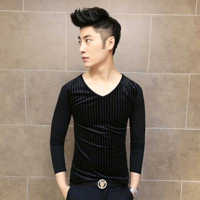 2015春装新款修身男士条纹V领长袖T恤男韩版潮男士打底衫