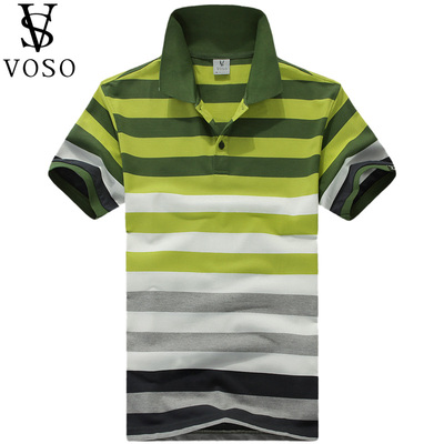 Voso/沃索男士夏季上装宽松翻领运动大码短袖彩条纹t恤POLO保罗衫