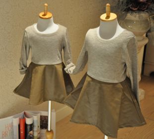 【Rojokids】2013秋装韩版品牌新款卡其毛衣皮裙拼接女童连衣裙