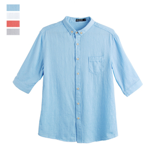 夏季修身型方领男士棉麻五分袖衬衫 经典格纹亚麻休闲潮流白蓝红