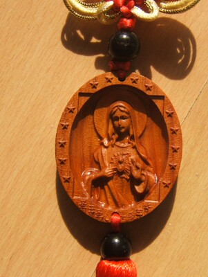 圣母耶稣圣心花梨木雕刻圣像挂件基督教工艺品天主教圣物挂饰