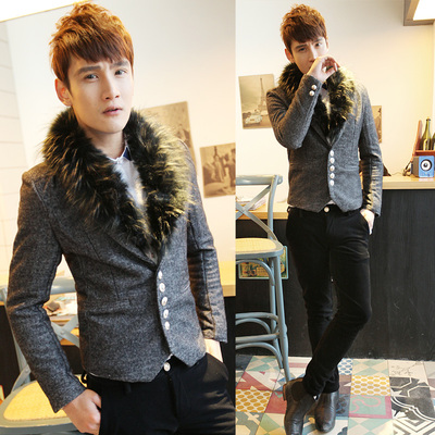 2015韩版男装秋冬季新款时尚大毛领毛呢大衣短款棉衣加厚修身外套