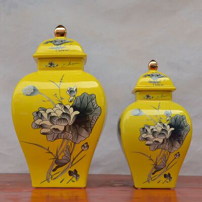 现货！欧式陶瓷罐带盖 黄色四方储物罐摆件 样板房软装饰品