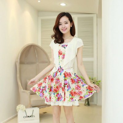 2014夏季新款时尚女装韩版 印花 雪纺 短袖 连衣裙 送腰带 批发