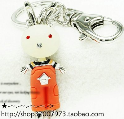 ★PT可爱橘色背带裤兔子钥匙扣生肖创意 情侣水钻钥匙扣挂件