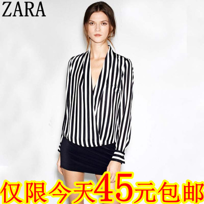 ZAR2013春装新款女款欧美大牌女装V领长袖条纹雪纺衬衫交叉衬衣
