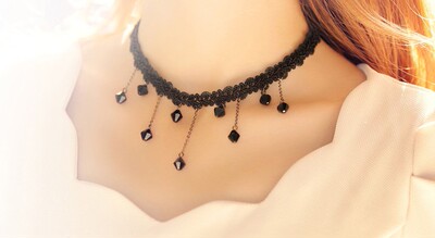 韩国优雅黑色蕾丝钩花项链 水滴坠珠锁骨链性感唯美女生女神