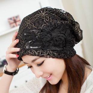 韩版潮帽子女夏薄款蕾丝花朵头巾围脖两用套头帽月子化疗堆堆睡帽