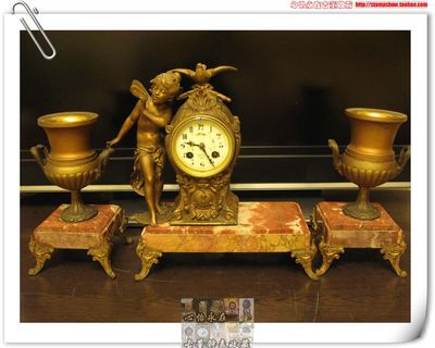 法国百年古董钟/欧式3件套装雕像机械钟+2个花杯瓷面精雕报时座钟