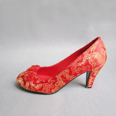 花朵装饰锦锻面新娘结婚鞋子 红色 高跟裙褂婚鞋 中式旗袍礼服鞋