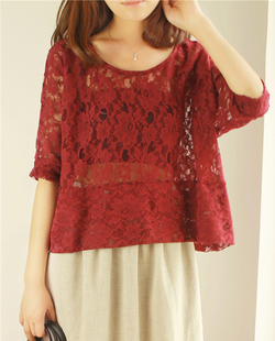 【MIMO|高级成衣】复古酒红性感拼接短款宽松套头罩衫透视蕾丝衫