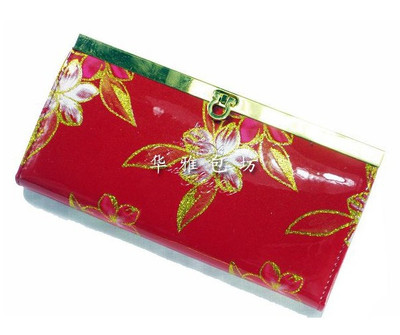 韩版金花朵朵女士时尚高级漆皮红色长款钱包