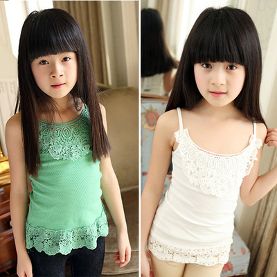 2015春夏新款韩版公主蕾丝吊带衫女童短袖t恤儿童打底衫纯棉中长
