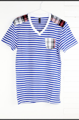 修身短袖T恤2013新款个性学院风 潮男潮女装半截袖格子海军条纹