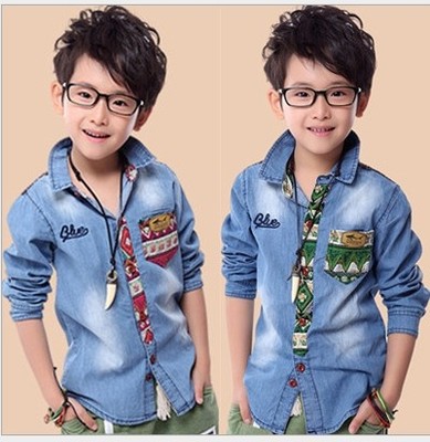 2015新款秋装童装长袖男童牛仔衬衫韩版中大 儿童衬衫潮品外套