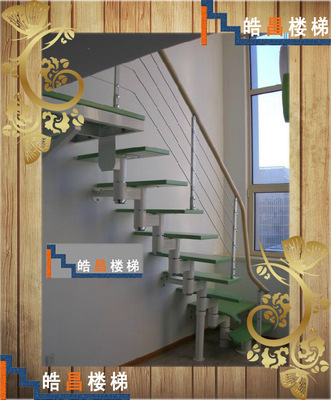 复式钢木楼梯厂家定制欧式亮环脊索钢制弧型特价促销实木扶手立柱