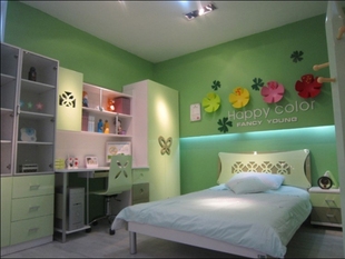 品牌免漆儿童家具套房 淡绿色四件套床+床头柜+衣柜+电脑桌Y3