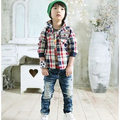 韩版童装春秋新款儿童红格格子磨毛衬衣宝宝纯棉长袖衬衫打底衬衣