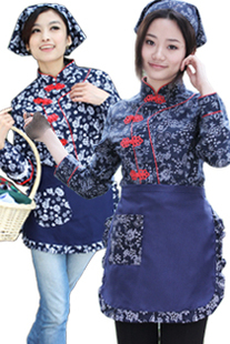 民族风农家乐女服务员青花瓷工作服蓝印花上衣采茶女表演装舞蹈服