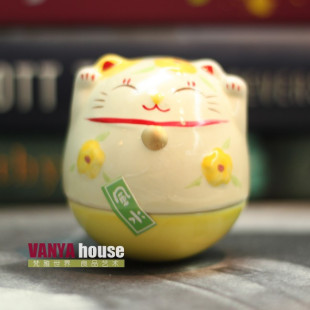 特 日本陶瓷招财猫招财进宝不倒翁吉祥如意装饰品双手黄色风水