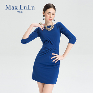 Max LuLu2014年春季新款欧美风圆领七分袖褶皱设计连衣裙网络专供