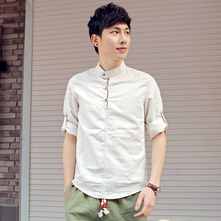 夏季男士休闲衬衫棉麻长袖立领衬衫男款套头韩版修身亚麻衬衫卷袖