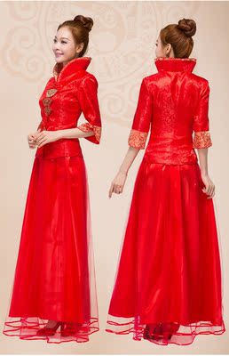 中式红色新娘长款礼服敬酒服改良胖mm修身旗袍孕妇大码结婚敬酒服