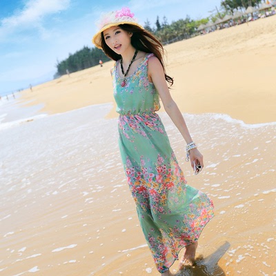 2015夏装新款女装时尚沙滩裙波西米亚雪纺海边碎花连衣裙长裙