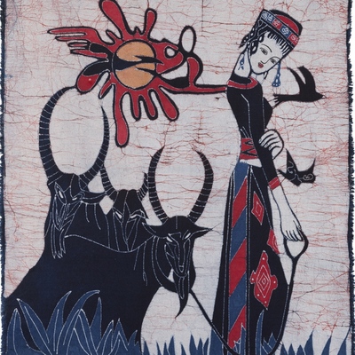 湘西苗族彩色蜡染画壁挂民族风情牧羊女乡村艺术传统手工艺包邮