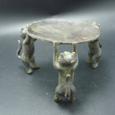 古董收藏品铜器铜制品三只猫托举烛台蜡台古玩杂项老物件老东西
