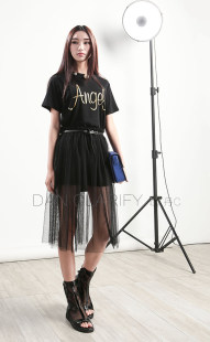 C45 新款2015夏韩版时尚修身显瘦网纱裙子 两件套字母印花连衣裙