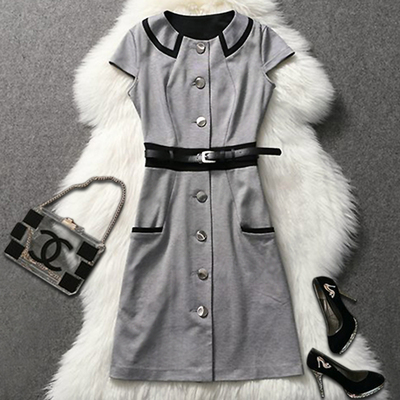 高端订制欧美OL风格连衣裙 春夏装短袖修身舒适干练 百搭纯灰色