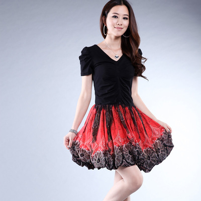 2014夏季新款时尚女装韩版 修身 印花 短袖 针织 连衣裙 裙子