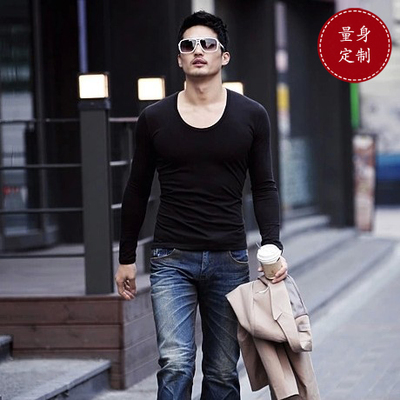 秋装新款男装韩版男士修身圆领长袖T恤紧身低领打底衫纯棉大码
