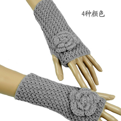 韩版女士冬季可爱半指手套时尚花朵冬天针织露指保暖毛线短款手套