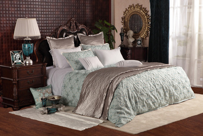 臻品 天丝提花蓝色裥棉床罩家纺布艺家私床上用品软床搭配欧美风