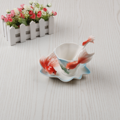 特价陶瓷珐琅瓷金鱼杯子咖啡杯套装欧式情侣杯韩国骨瓷杯创意礼