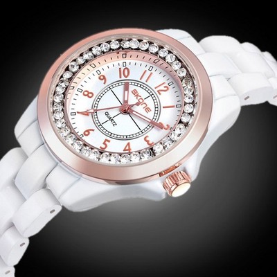 韩版正品时尚潮流学生女式镶钻石英手表防水白色陶瓷女士手链腕表