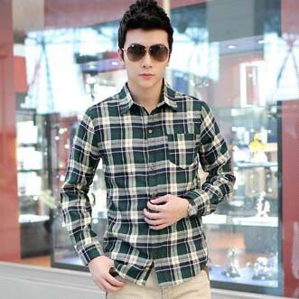 2015新款磨毛韩版男士大码格子拼色长袖衬衫时尚商务都市休闲衬衣