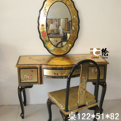 七绘家具 田园中式组合 漆器金箔 梳妆台/梳妆凳/镜三件套q085