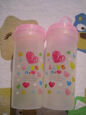 3件包邮情人桃心图案凉水杯塑料卡通粉红色有盖粉色随手杯优品
