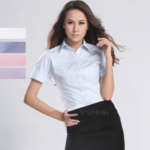女士白领衬衣短袖衬衫浅蓝色职业装工作服上班修身显瘦气质OL商务