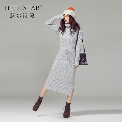 2015秋冬新款女装外套连衣裙 韩版高领修身中长款加厚套头毛衣裙