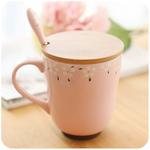 碎花小清新陶瓷杯 带盖带勺子马克杯子 创意时尚牛奶杯咖啡情侣杯