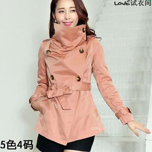 2013秋季新款韩版纯色围巾领长袖腰带短款风衣百搭外套大码女装