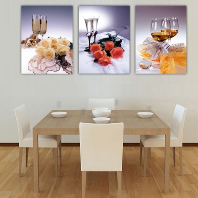5酒杯玫瑰 客厅装饰画现代无框画餐厅壁画时尚三联水晶画挂画促销