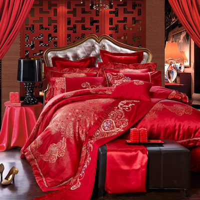 婚庆十件套大红色结婚六件套纯棉蕾丝四六八九多件套床上用品